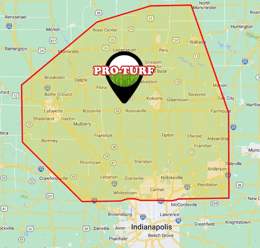 Pro-Turf Service Area Map showing Russiaville and surrounding cities