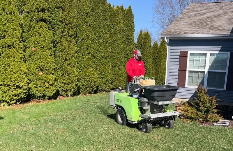 lawn care - technician fertilizing lawn